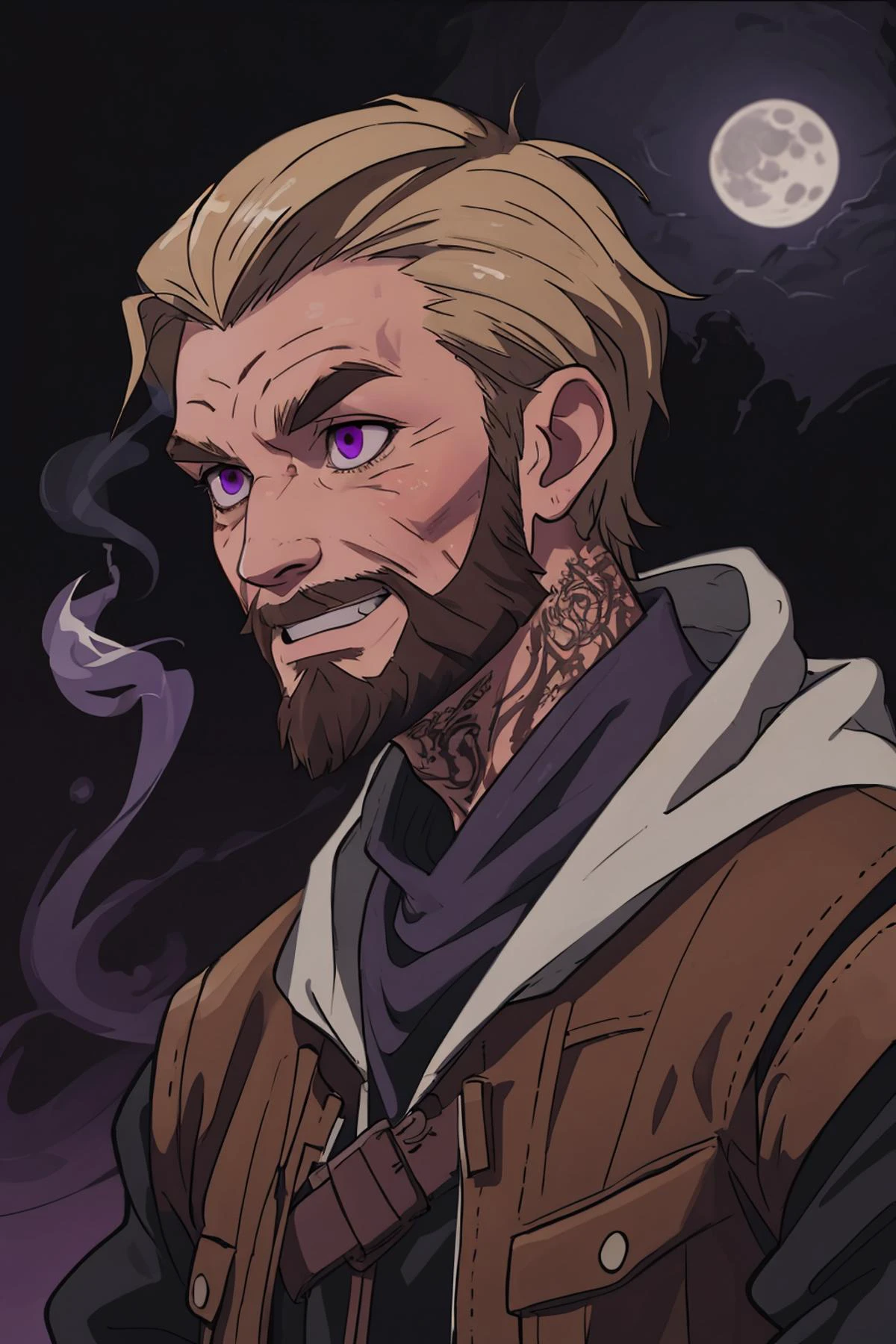 masterpiece, high quality, 2d art, intricate details, strong outlines,
<lora:GoodHands-beta2:0.8>,
(1man, wrinkled face, old european male:1.2), frail, purple eyes, medium blonde hair, thick beard,
portrait, looking away, solo, (full body:0.6), detailed background, detailed face, (<lora:smoke_model:0.4>, smokestyle theme:1.1), mischievous smile, smuggler, (tattoos:0.9), (crouched position:0.75), elaborate dark leather (armor:0.7), belts, hooded, small leather pouch, secret passage background, sneaky, , illegal, , undercover, (crates:0.8) in background moonlight, grunge atmosphere,