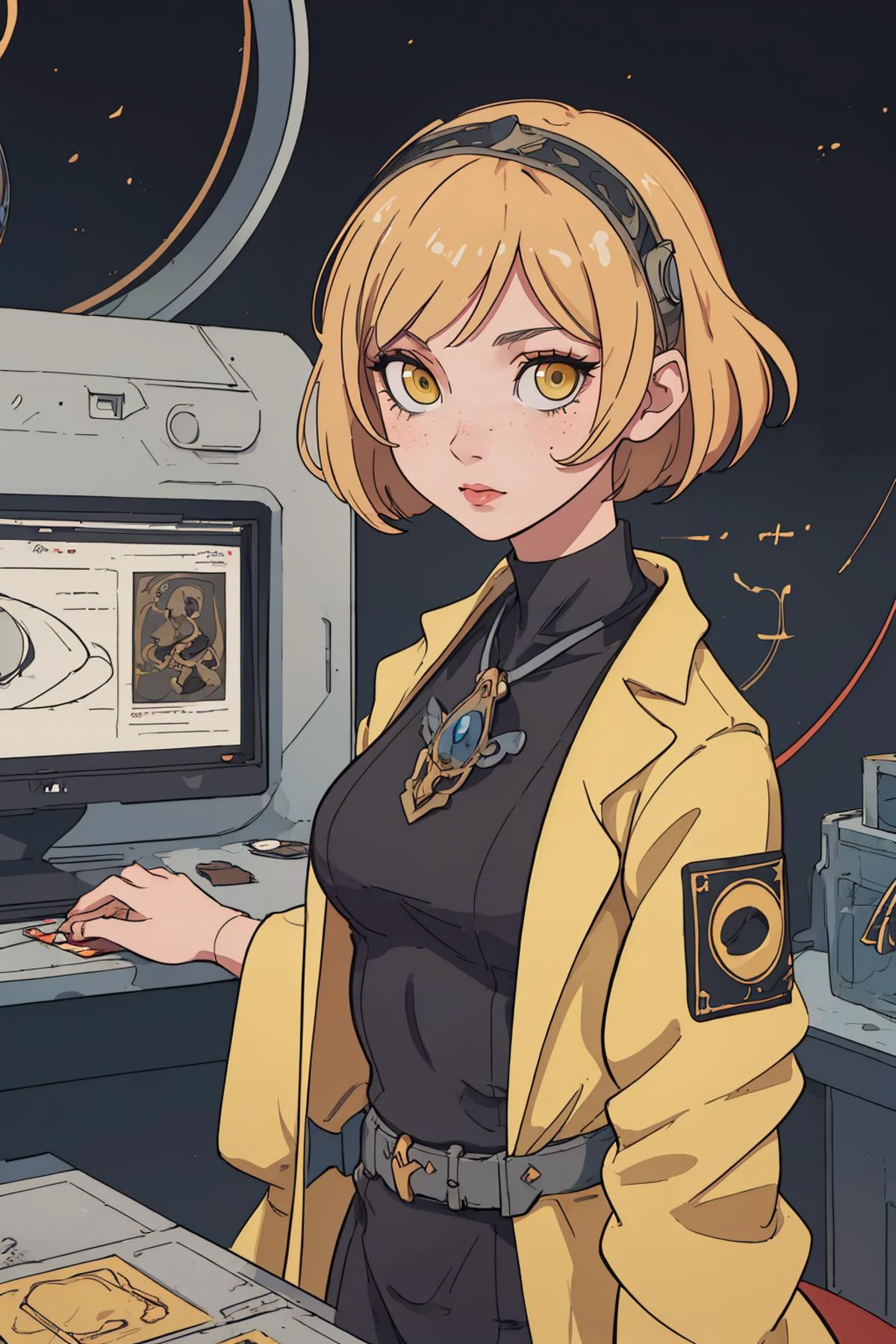 masterpiece, high quality, 2d art, intricate details, strong outlines,
1 girl, adult german woman, freckles, yellow eyes, dark blonde short hair,
looking at viewer, solo, half shot, detailed background, detailed face, (1920s art deco theme:1.1), scientist, safety-goggles, lab coat, technology, advanced technology, fantastical science lab in background, computers, robotics, solder, microchips, blackboard, flashing lights,