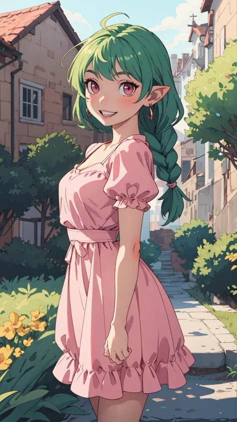 1girl, pointy ears, earrings, green hair, single braid, medium breasts, pink eyes, detailed eyes, light smile, parted lips, elegant dress,
standing,
outdoors,