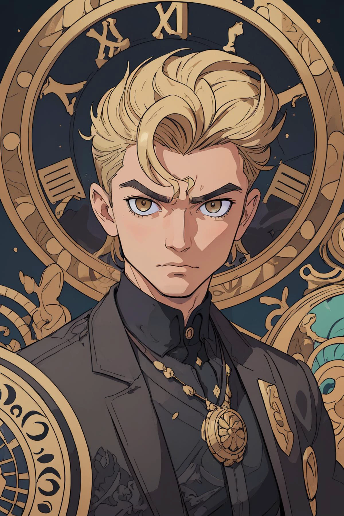 masterpiece, high quality, 2d art, intricate details, strong outlines,
(1man, muscular adult european male:1.2), jade eyes, blonde hair, quiff,
(style-swirlmagic:0.8), portrait, solo, upper body, looking down, detailed background, detailed face, (victorian theme:1.1) glowing eyes, (timeless wanderer:1.1), eternity, mesmerizing, circular patterns, clockwork, clock gears, sands of time, dynamic pose, desert dunes in background, epic atmosphere,
