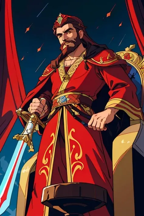 regal King Casimir III, muscular, royal red robe, ornate Polish crown, brave, heroic pose, long black beard, bright detailed browneyes, holding enchanted sword, royal throne background, view from below, best quality, masterpiece, incredibly absurdres,