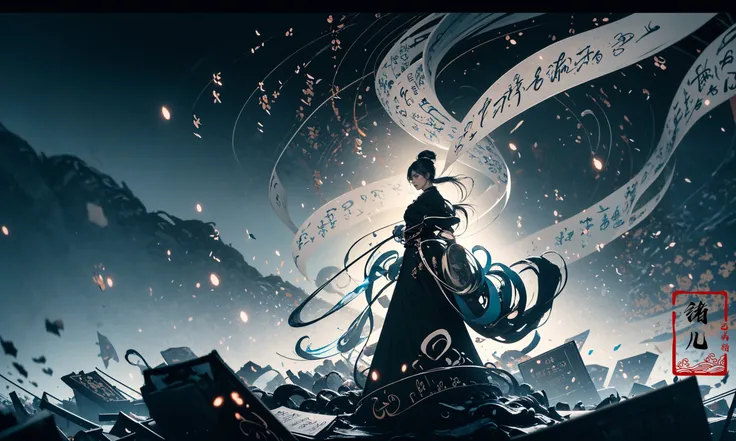 (dramatic, gritty, intense:1.4),masterpiece, best quality, 8k, insane details, intricate details, hyperdetailed, hyper quality, high detail, ultra detailed, Masterpiece,
(calligraphy:1.4)(ether colorful ink flowing:1.3),1girl,  A shot with tension
<lora:~Q?-Nflcalligraphy:0.8>