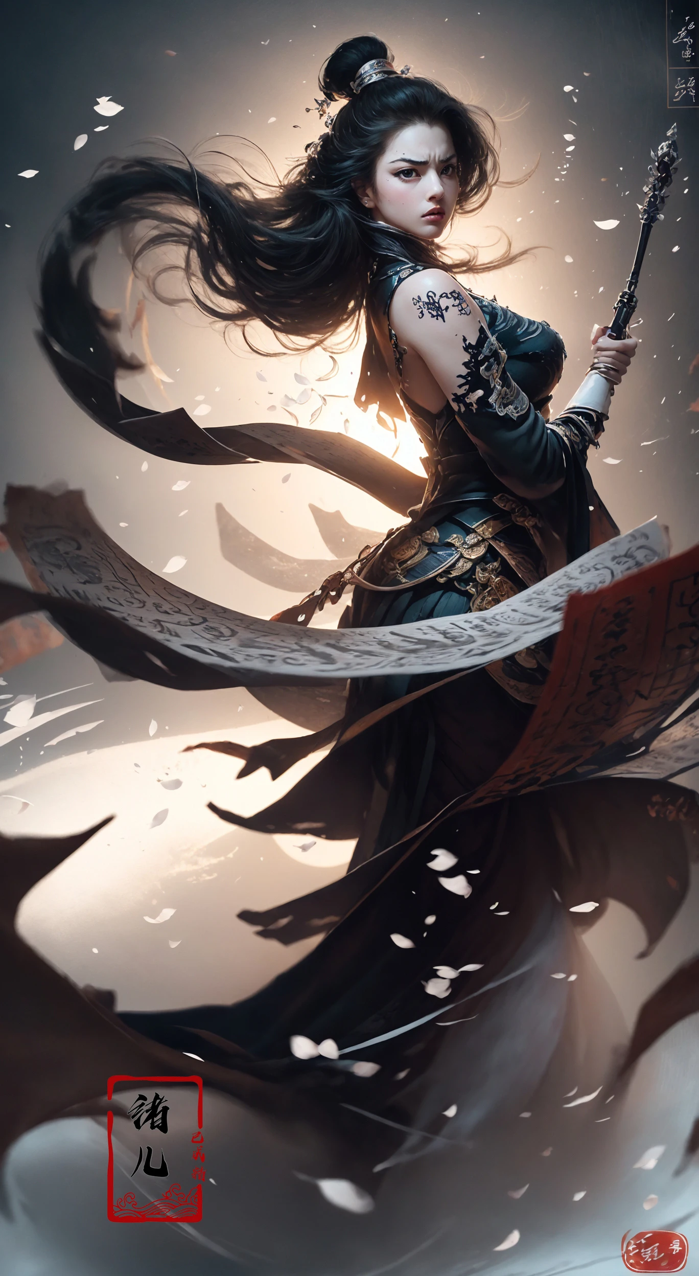 (dramatic, gritty, intense:1.4),masterpiece, best quality, 8k, insane details, intricate details, hyperdetailed, hyper quality, high detail, ultra detailed, Masterpiece,
(calligraphy:1.4)(ether colorful ink flowing:1.3),1girl,  A shot with tension
<lora:~Q?-Nflcalligraphy:0.8>