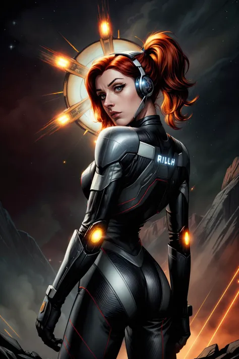 Redhead woman in sensual pose escaping from alien portal , she is looking back , as if someone was chasing her , alien ship