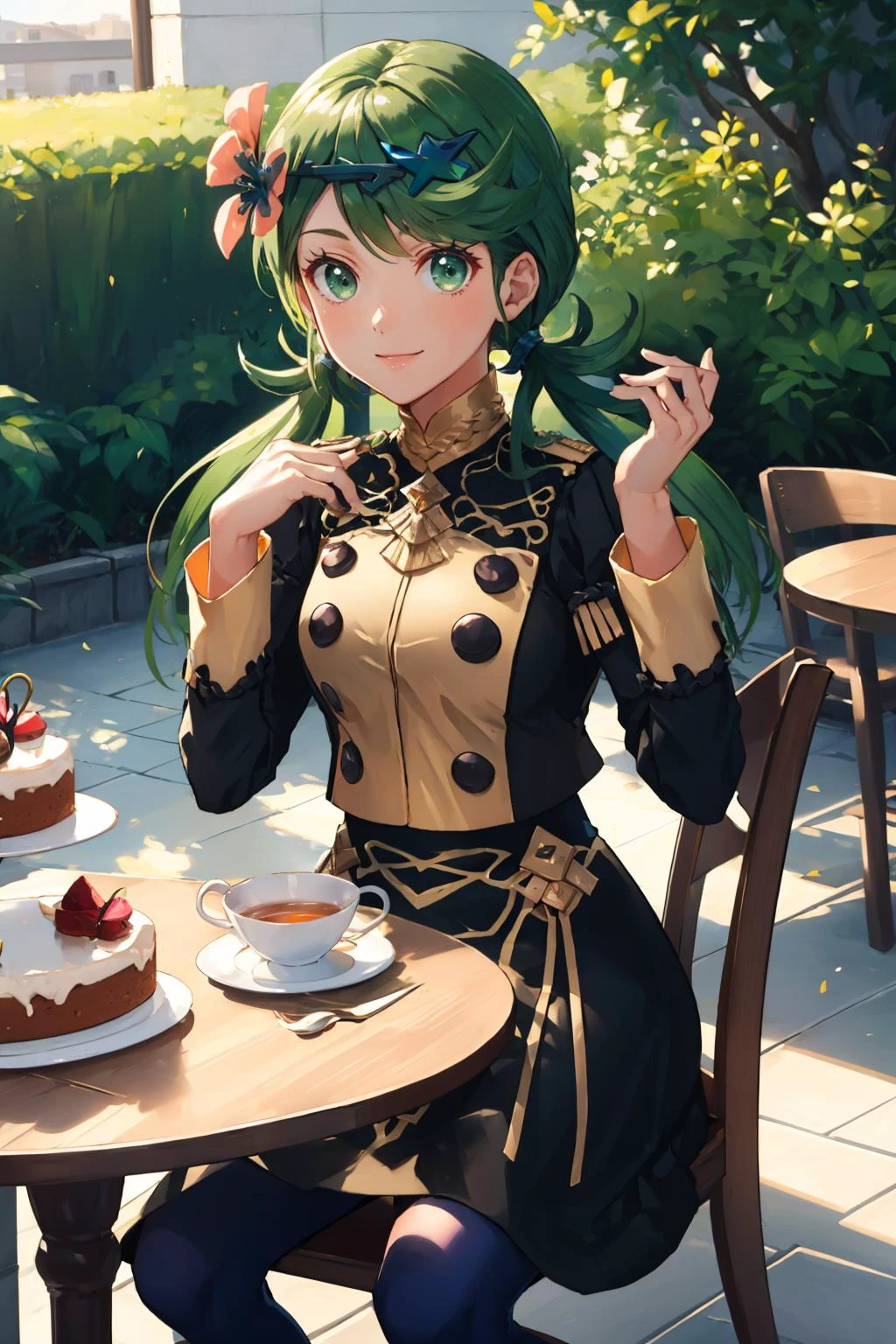 masterpiece, best quality, <lora:mallow-nvwls-v1-000008:0.9> defmallow, twintails, green hair, hair flower, hair ornament <lora:gmuniform-nvwls-v1:1> gmuniform, garden, sitting, table, chair, cake, looking at viewer, tea, smile, sitting across table, dark skin
