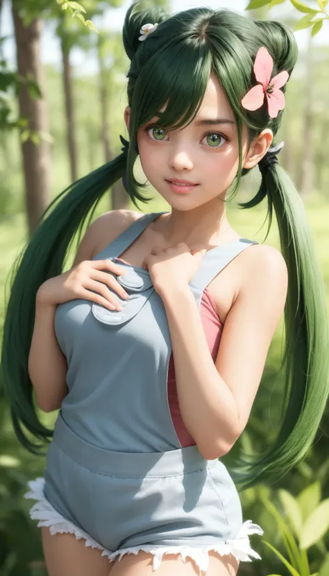 masterpiece, best quality, <lora:mallow-nvwls-v1:1> palmallow, ((green hair), dark skin), twintails, hair flower, hair ornament, grey overalls, pink shirt, sleeveless, grey shorts, upper body, looking at viewer, smile, forest, blue sky, tall grass, cowboy shot,