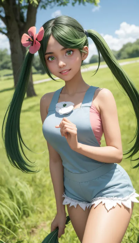 masterpiece, best quality, <lora:mallow-nvwls-v1:1> palmallow, ((green hair), dark skin), twintails, hair flower, hair ornament, grey overalls, pink shirt, sleeveless, grey shorts, upper body, looking at viewer, smile, forest, blue sky, tall grass, cowboy shot,