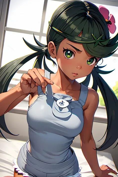 (masterpiece, best quality), 1girl, <lora:mallow-nvwls-v1:1> defMallow, dark skin, hair flower, hair ornament, grey overalls, pink shirt, sleeveless, grey shorts