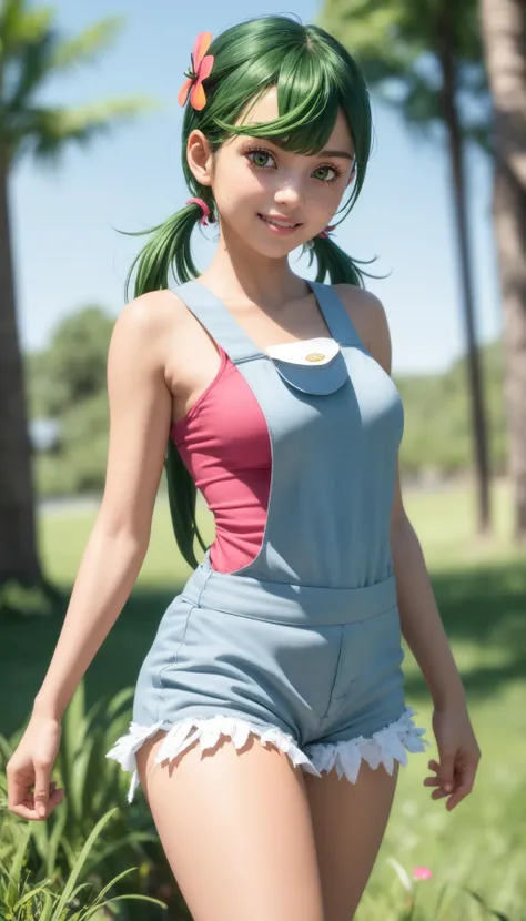 masterpiece, best quality, <lora:mallow-nvwls-v1:1> palmallow, ((green hair), dark skin), twintails, hair flower, hair ornament, grey overalls, pink shirt, sleeveless, grey shorts, upper body, looking at viewer, smile, forest, blue sky, tall grass, cowboy shot,