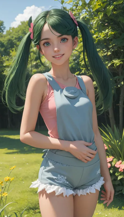 masterpiece, best quality, <lora:mallow-nvwls-v1:1> palmallow, ((green hair), dark skin), twintails, hair flower, hair ornament, grey overalls, pink shirt, sleeveless, grey shorts, upper body, looking at viewer, smile, forest, blue sky, tall grass, cowboy shot,