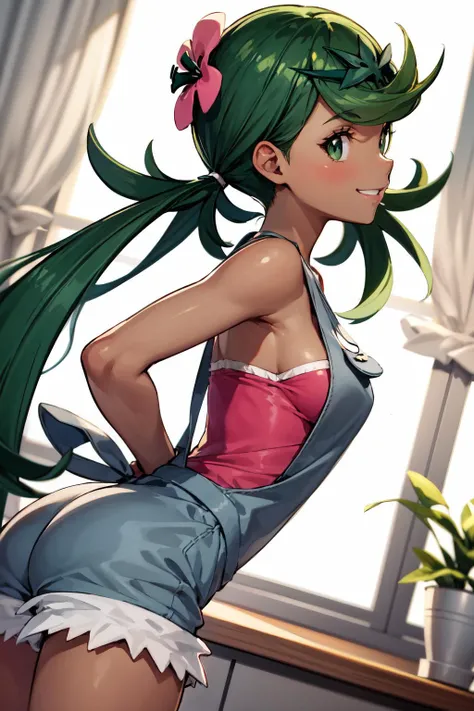 1girl, zodiac_mallow, solo, lovely small breasts, solo, green hair, long hair, twintails, headband, pink flower in hair, green eyes, looking at viewer, dark skin, head tilt,smile, parted lips(teeth), nose blush, blush,dark skin,black silk lingerie, in the castle, standing, hands on hips , back view