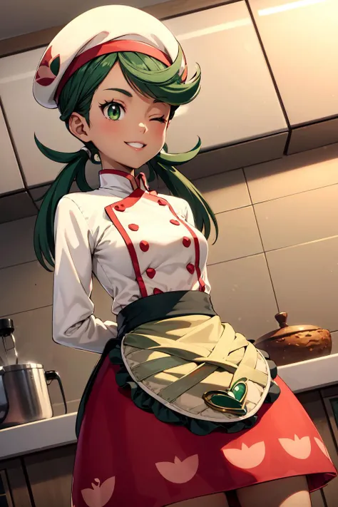 masterpiece,best quality,1girl,palMallow,twintails,green hair,green eyes,dark skin,beret,chef's uniform,white shirt,long sleeves,apron,red skirt,smile,one eye closed,arms behind back,indoors,kitchen,from below,dutch angle,<lora:Concept-control tool-add_detail-CyberAIchemist:0.3>,<lora:mallow-nvwls-v1:1>,