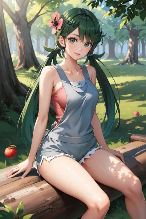 masterpiece, best quality, <lora:mallow-nvwls-v1-000008:0.9> defmallow, twintails, hair flower, hair ornament, grey overalls, pink shirt, sleeveless, grey shorts, medium breasts, looking at viewer, sitting, green sneakers, fallen log, forest, berries, fruit tree, smile, dark skin