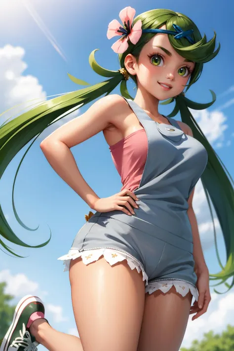 masterpiece, best quality, <lora:mallow-nvwls-v1-000008:0.9> defmallow, twintails, hair flower, hair ornament, grey overalls, pink shirt, sleeveless, grey shorts, medium breasts, from above, smile, hands to hips, green sneakers, smile, from below, dark skin