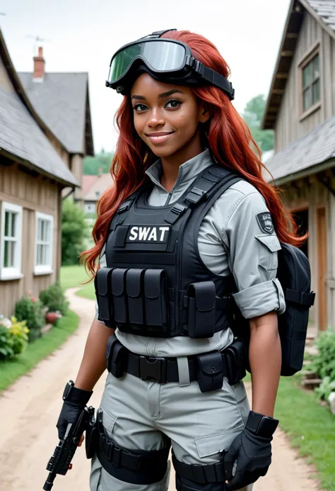 (medium full shot) of (resilient SWAT officer) young woman, lithe build, extra long red hair, black american, dark skin, black eyes, wearing a tactical helmet, grey tactical vest, lightweight pants, combat boots, body armor night vision goggles, carrying a grenade, set in  a quaint rural village, with country cottages, small farms, village green, tranquil atmosphere, during day, woman smiling, ,Masterpiece,best quality, raw photo, realistic, very aesthetic