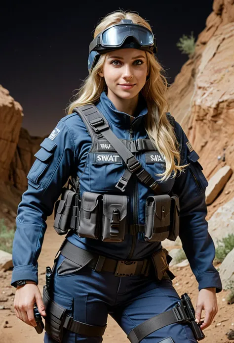 (medium full shot) of (tactical SWAT officer) young woman, willowy build, long blonde hair, arabian, tan skin, brown eyes, wearing a tactical helmet, blue armored jacket with multiple pockets, black combat pants, waterproof tactical boots, night vision goggles walkie-talkie, carrying a combat knife, set in  a search and rescue mission, with rugged terrain, focused teams, search dogs, and emergency medical setups , during day, woman smiling, ,Masterpiece,best quality, photo, realistic, very aesthetic, detailed face,