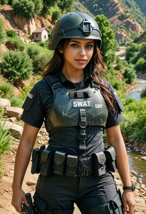 (medium full shot) of (alert SWAT officer) young woman, tiny build, long dark hair, arabian, caramel skin, dark green eyes, wearing a combat helmet, black short-sleeve armored combat shirt, tactical pants, combat boots, walkie-talkie body armor, carrying a grenade, set in  a picturesque rural valley, with winding rivers, lush greenery, scattered homes, natural beauty, at night, woman smiling, ,Masterpiece,best quality, photo, realistic, very aesthetic, detailed face,