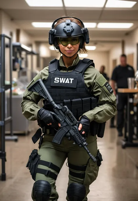 (medium full shot) of (disciplined SWAT officer) young woman, tiny build, short hazel hair, native american, caramel skin, green eyes, wearing a tactical helmet, black armored jacket with multiple pockets, tactical pants, combat boots, night vision goggles walkie-talkie, carrying a tactical shield, set in  Training Ground Cafeteria, players grabbing meals post-training, balanced diet options available, smoothie station, relaxed atmosphere for team bonding, woman smiling, ,Masterpiece,best quality, raw photo, realistic, very aesthetic