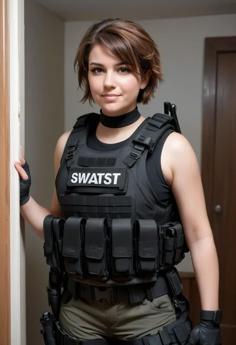 (medium full shot) of (resilient SWAT officer) young woman, voluptuous build, short hazel hair, canadian, fair skin, brown eyes, wearing a tactical helmet, black tactical vest, cargo pants, waterproof tactical boots, walkie-talkie body armor, carrying a combat knife, set in  a residential apartment, with cozy interiors, multiple floors, staircases, and personal belongings, during day, woman smiling, ,Masterpiece,best quality, raw photo, realistic, very aesthetic, dark