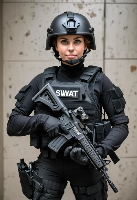 (medium full shot) of (focused SWAT officer) young woman, Medium build, short brown hair, italian, tan skin, light Blue eyes, wearing a tactical helmet, black tactical vest, lightweight pants, combat boots, body armor tactical belt, carrying a grenade, set in a drug bust in progress, with SWAT teams, suspected hideouts, secure perimeters, and tactical gear , during day, woman smiling, ,Masterpiece,best quality, raw photo, realistic, very aesthetic