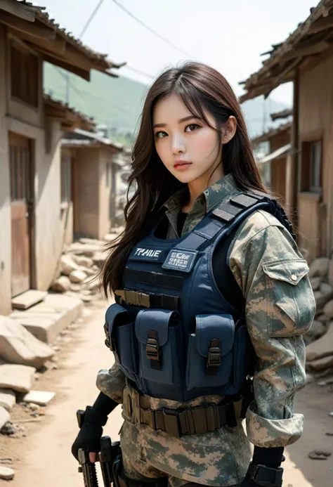 (medium full shot) of (formidable SWAT officer) young woman, voluptuous build, extra long dark hair, korean, fair skin, brown eyes, wearing a tactical helmet, dark blue tactical vest, camouflage combat pants, combat boots, tactical belt walkie-talkie, carrying a combat knife, set in  a quiet village, with small houses, narrow roads, scattered farms, and a peaceful atmosphere, during day, ,Masterpiece,best quality, photo, realistic, very aesthetic