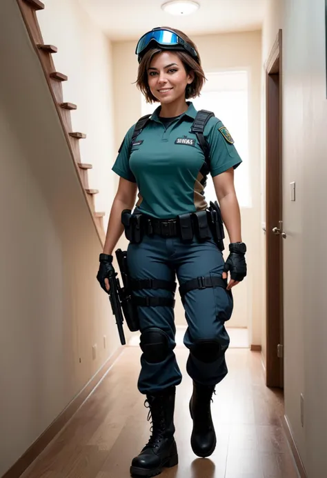 (medium full shot) of (resilient SWAT officer) young woman, voluptuous build, short brown hair, native american, tan skin, jade green eyes, wearing a combat helmet, blue short-sleeve armored combat shirt, black combat pants, heavy-duty boots with reinforced toe, sunglasses walkie-talkie, carrying a combat knife, set in  a residential apartment, with cozy interiors, multiple floors, staircases, and personal belongings, woman smiling, ,Masterpiece,best quality, raw photo, realistic, very aesthetic