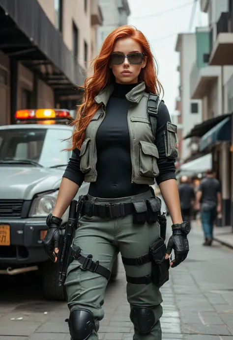 (medium full shot) of (vigilant SWAT officer) young woman, willowy build, long red hair, brazilian, tan skin, hazel eyes, wearing a combat helmet, grey tactical vest, tactical pants, lightweight boots with reinforced toe, tactical belt sunglasses, carrying a combat knife, set in  a retro street scene, with vintage cars, stylish pedestrians, colorful storefronts, and vibrant street art, ,Masterpiece,best quality, photo, realistic, very aesthetic