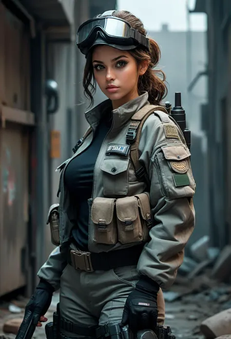 (medium full shot) of (resilient SWAT officer) young woman, voluptuous build, medium brown hair, persian, tan skin, hazel eyes, wearing a combat helmet, grey armored jacket with multiple pockets, cargo pants, tactical boots, night vision goggles walkie-talkie, carrying a grenade, set in  a drug bust in progress, with SWAT teams, suspected hideouts, secure perimeters, and tactical gear , at night, ,Masterpiece,best quality, photo, realistic, very aesthetic