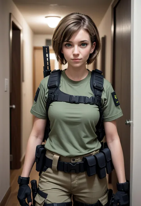 (medium full shot) of (focused SWAT officer) young woman, tiny build, short hazel hair, american, fair skin, dark Blue eyes, wearing a tactical helmet, camouflage green short-sleeve armored combat shirt, tactical pants, combat boots, walkie-talkie tactical belt, carrying a combat knife, set in  a residential apartment, with cozy interiors, multiple floors, staircases, and personal belongings, at night, woman smiling, ,Masterpiece,best quality, raw photo, realistic, very aesthetic