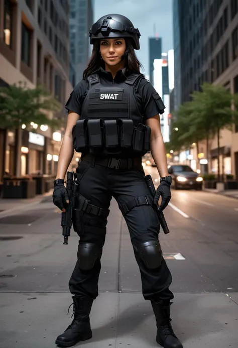 (medium full shot) of (professional SWAT officer) young woman, Medium build, extra long dark hair, arabian, tan skin, brown eyes, wearing a combat helmet, black tactical vest, tactical pants, combat boots, night vision goggles body armor, carrying a tactical shield, set in  bustling downtown area, with towering buildings, busy sidewalks, and a dynamic, energetic atmosphere, during day, woman smiling, ,Masterpiece,best quality, raw photo, realistic, very aesthetic, dark