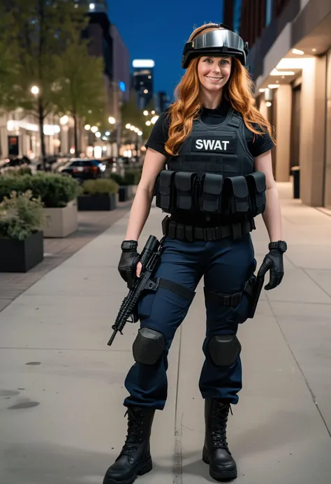 (medium full shot) of (alert SWAT officer) young woman, normal build, extra long ginger hair, canadian, tan skin, light Blue eyes, wearing a tactical helmet, black tactical vest, dark blue combat pants, insulated tactical boots, night vision goggles body armor, carrying a grenade, set in  a modern urban street, with sleek bike racks, minimalist street furniture, upscale boutiques, trendy outdoor tables, elegant light fixtures, at night, woman smiling, ,Masterpiece,best quality, raw photo, realistic, very aesthetic