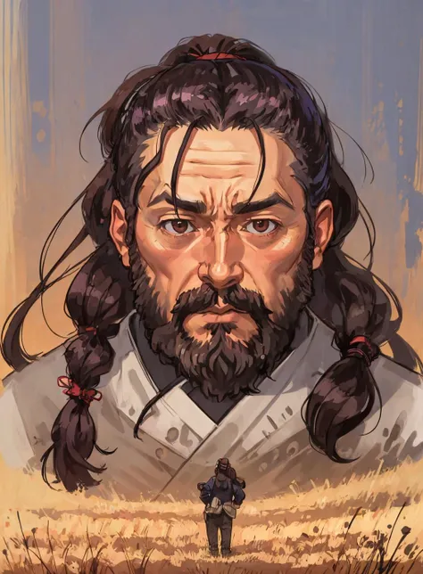 a man with a long hair and a beard with a ponytail in his hair, looking down at something, Eizan Kikukawa, trending on art station, a digital painting, digital art <lora:DigitalFantasy-000008:.8>