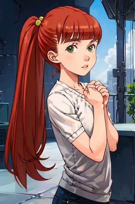 Edward,life, purple long hair,(white loose shirt),from the shoulder,
cycling shorts,Brown eyes,
smile,space station,Engine Room,hands on hips,
standing,upper body,
(insanely detailed, beautiful detailed face, masterpiece, Best quality), ass