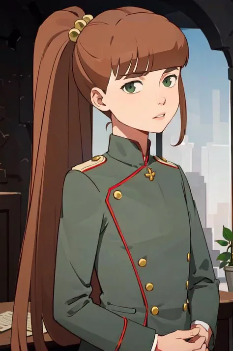 cowboy shot, solo, <lora:MonsterGirl:0.7> monsg, brown hair, green eyes, hair bobbles, ponytail, bangs, facing viewer, <lora:uhlan tunic:0.7> uhlan tunic,, ultra detailed, masterpiece, best quality, aesthetic, detailed,