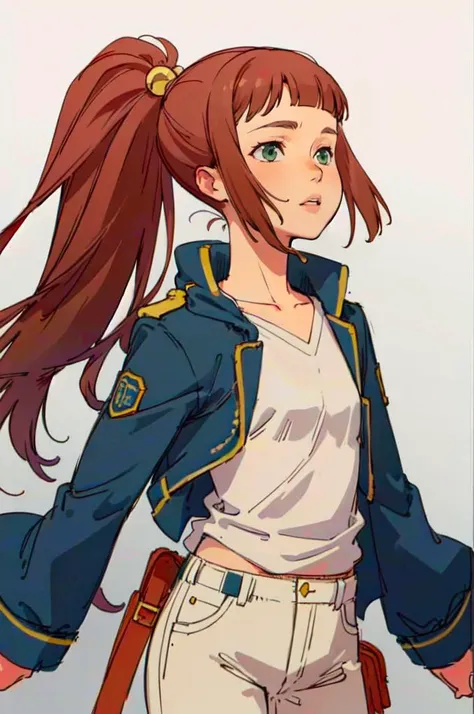 cowboy shot, solo, <lora:style3:1> style3, <lora:MonsterGirl:0.7> monsg, brown hair, green eyes, hair bobbles, ponytail, bangs,, ultra detailed, masterpiece, best quality, aesthetic, detailed,