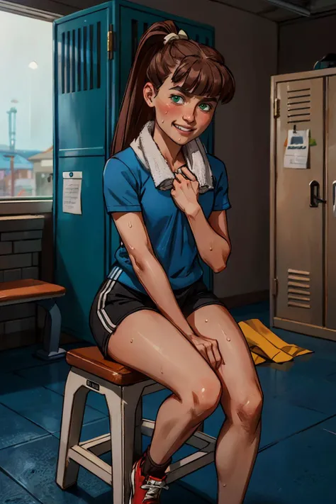 monsg, brown hair, green eyes,hair bobbles, ponytail, bangs,blue shirt, black shorts, towel around neck, red shoes, looking at viewer, serious, grin, blush, sweat, sitting, on stool,  inside gym, locker room,  bright lighting, high quality, masterpiece,  <lora:MonsterGirl:.7>