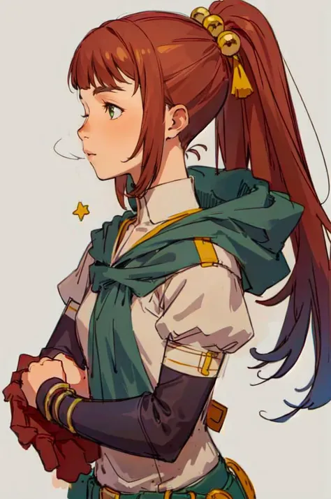 cowboy shot, solo, <lora:style3:1> style3, <lora:MonsterGirl:0.7> monsg, brown hair, green eyes, hair bobbles, ponytail, bangs,, ultra detailed, masterpiece, best quality, aesthetic, detailed,