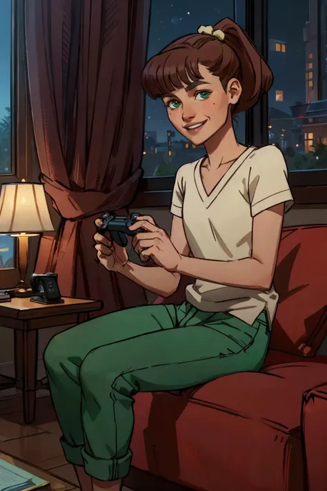 monsg, brown hair, green eyes,hair bobbles, ponytail, bangs,white vneck shirt, green pants, looking at viewer, smiling, happy, teeth, sitting, inside a cozy living room, holding a game controller, window, curtain, night time, soft lighting, high quality, masterpiece, <lora:MonsterGirl:.7>