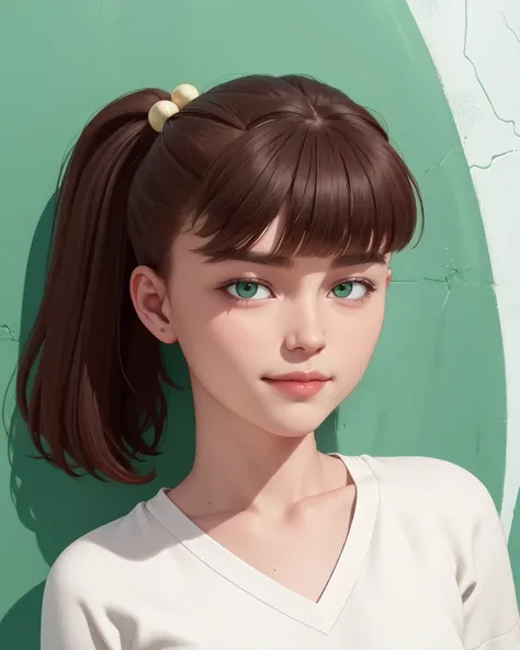 monsg,ponytail,bangs,hair bobbles,green eyes,
white large shirt,green pants,flat chest,
standing,upper body,smirk,
white walls,
(insanely detailed, beautiful detailed face,beautiful detailed eyes, masterpiece, best quality),<lora:MonsterGirl-10IV2:0.8>,