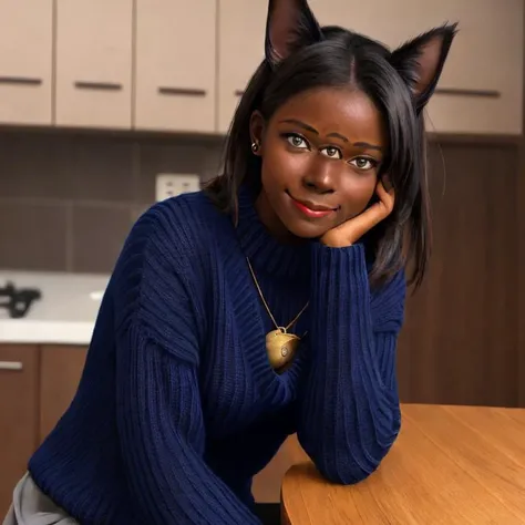 woman, portrait, threeeyesinarow, sitting, dark skin, dark blue sweater, smile, table, kitchen, cat ears, happy, busty,
<lora:Three_Eyes_In_A_Row:1>