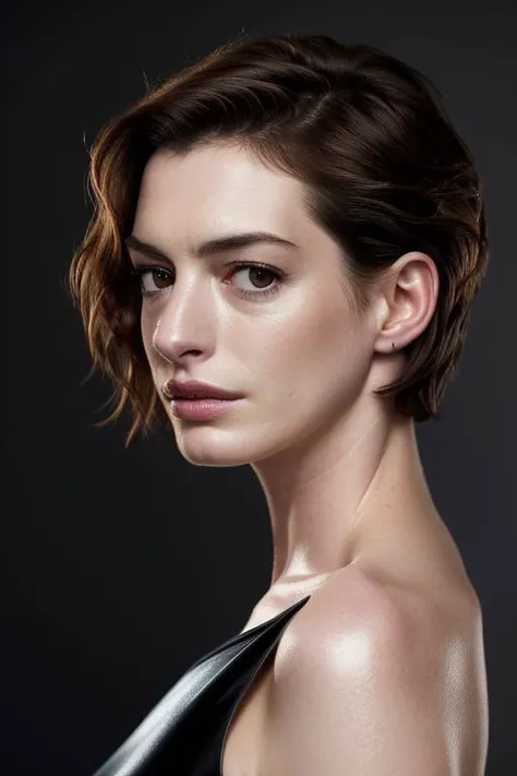 (close-up:1.0) photo of (CR-AnneHathaw4y-sstylerdurden879:0.95) as (young:1.0) woman, (oiled shiny skin:1.0), (tilted angle shot:1.0), (undercut hair:1.1),
(8k uhd:1.0), (best quality:1.0), (masterpiece:1.0), (sharp focus:1.0), (basic grey backdrop:1.0),