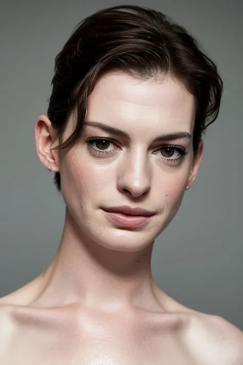 (close-up:1.0) photo of (CR-AnneHathaw4y-sstylerdurden879:0.95) as (young:1.0) woman, (oiled shiny skin:1.0), (tilted angle shot:1.0), (slick undercut hair:1.1),
(8k uhd:1.0), (best quality:1.0), (masterpiece:1.0), (sharp focus:1.0), (basic grey backdrop:1.0),
