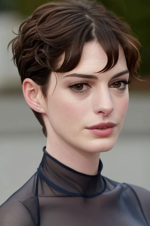 (close-up:1.0) photo of (CR-AnneHathaw4y-sstylerdurden879:0.95) as (young:1.0) woman, (oiled skin:1.0), (tilted angle shot:1.0), (undercut hair:1.3),
(8k uhd:1.0), (best quality:1.0), (masterpiece:1.0), (sharp focus:1.0), (basic grey backdrop:1.0),