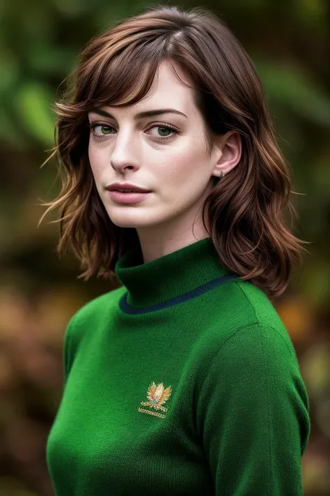 A stunning intricate full color portrait of a (4nn3h4th4w4y:0.99), wearing a green pullover, having fun, epic character composition,by ilya kuvshinov, alessio albi, nina masic,sharp focus, natural lighting, subsurface scattering, f2, 35mm, film grain, half body shot