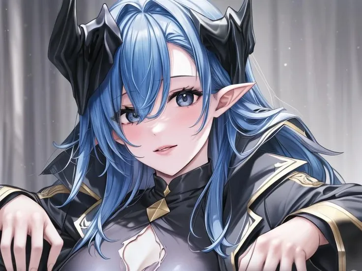 1girl, <lora:Mary_Celeste_v1:0.8>Mary_Celeste,blue hair, difference horns, black outfit,black jacket,waistcoat, hand on hip,, <lora:flatBG:-0.5> ,<lora:flat2:-0.5>,(dark light:1.2),(hyper extreme detailed),(masterpeace:0.5),(hyper extreme),(photorealistic),game cg,llustration,novel illustration,beautiful lighting,light from the front,good_hands,beautiful art ,BREAK, <lyco:GoodHands-beta2:1.2>,(good hand,nice hands, perfect hands:1.3),(five finger:1.4),