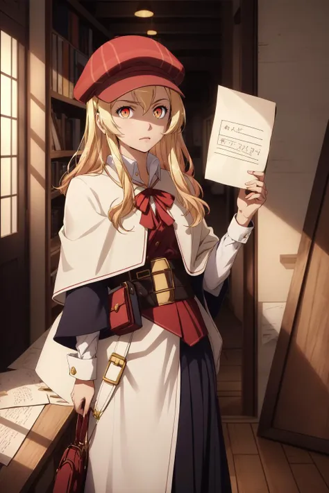 (masterpiece, best quality),  intricate details,
1girl, <lora:tensai-nanana-01:0.8> tensai ikkyuu, blonde hair, orange eyes, red hat, capelet,  detective, 
indoors, holding paper, holding sign,