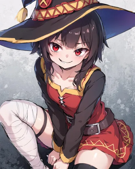 1 girl,​masterpiece,small tits,Short hair,(top-quality),sitting on,(Megumin),Big witch's hat,(high details),