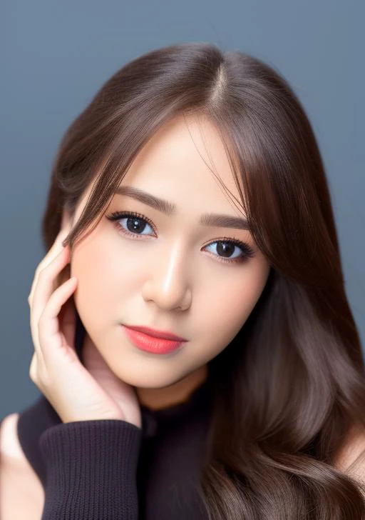 (a portrait of a woman:1.2), professional photo, studio shot, fashion, (simple background:1.3), detailed, perfect eyes, perfect face, dynamic hairstyle <lora:jkt48kathrina:1>