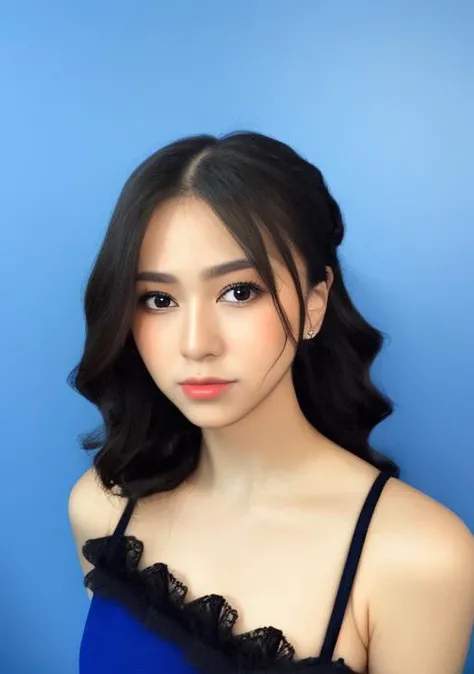 (a portrait of a woman:1.2), professional photo, studio shot, fashion, (simple background:1.3), detailed, perfect eyes, perfect face, dynamic hairstyle, half body, while sitting <lora:jkt48kathrina:1>