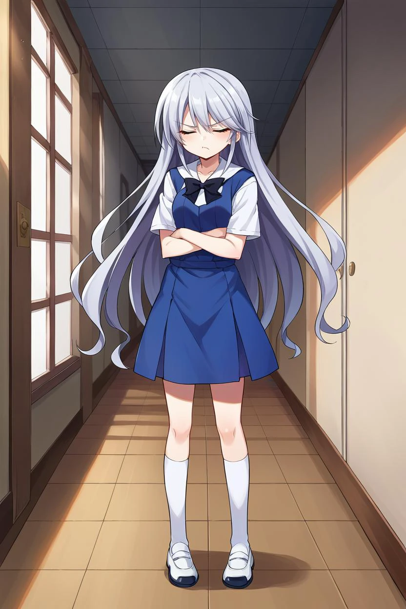 score_9, score_8_up, source_anime, 1girl, solo BREAK <lora:KazukiPonyXL-000024:1> kazami kazuki, silver hair, long hair, school uniform, black bow, white kneehighs, closed eyes, pout, annoyed, head turned to the side, crossed arms, hallway